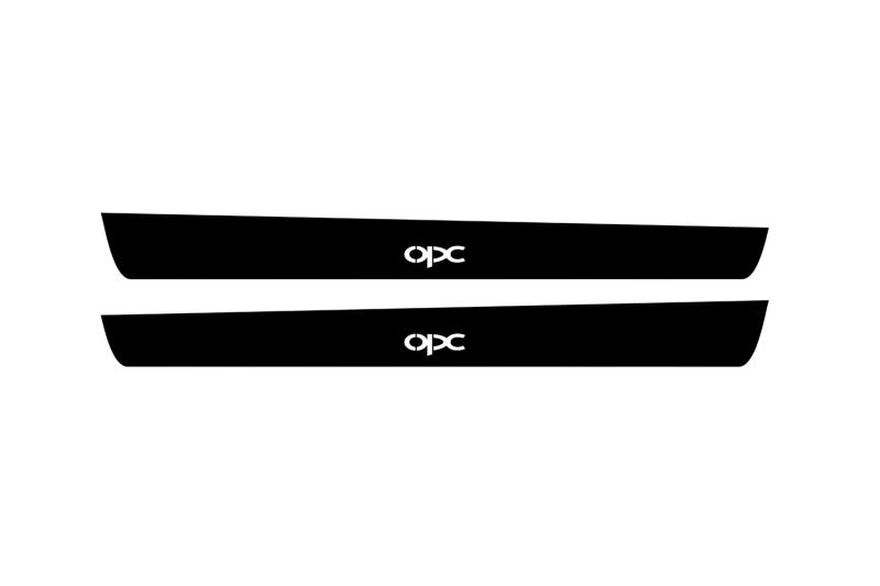 Catalog illustration of two black front door sill plates with OPC lettering.