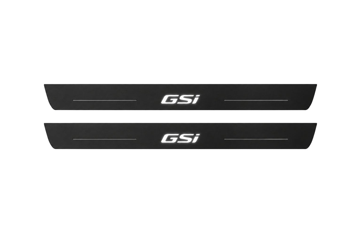 Catalogue illustration of two front black Matte PRO LED door sill plates with illuminated GSI lettering for Opel Insignia Sports Tourer Z18; dimensions are selected during manufacture.
