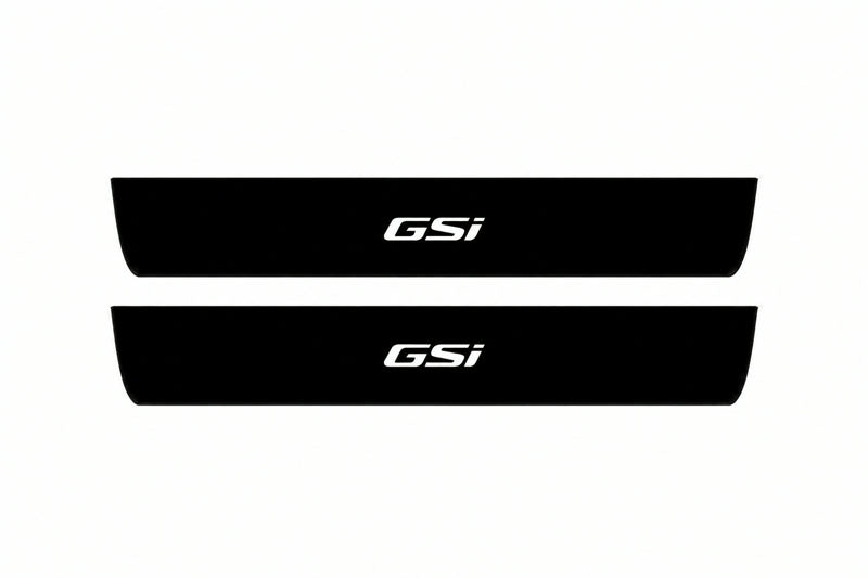 Catalogue illustration of two front black Matte PRO LED door sill plates with illuminated GSI lettering for Opel Insignia Sports Tourer Z18; dimensions are selected during manufacture.