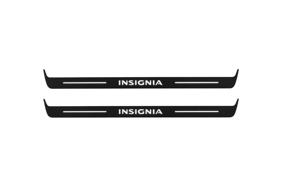 Catalogue illustration of two front black Matte PRO LED door sill plates with illuminated Vauxhall Insignia lettering for Opel / Vauxhall Insignia Sports Tourer Z18; the FRONT+REAR option includes rear plates not shown; final dimensions are selected during manufacture.