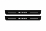 Catalogue illustration of two front black Matte PRO LED door sill plates with illuminated Vauxhall Insignia lettering for Opel / Vauxhall Insignia Sports Tourer Z18; the FRONT+REAR option includes rear plates not shown; final dimensions are selected during manufacture.