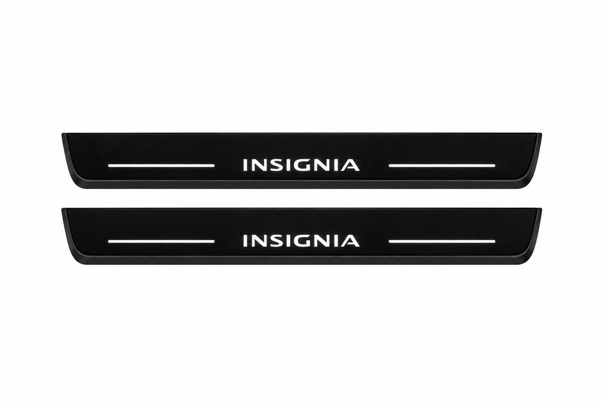 Catalogue illustration of two front black Matte PRO LED door sill plates with illuminated Vauxhall Insignia lettering for Opel / Vauxhall Insignia Sports Tourer Z18; the FRONT+REAR option includes rear plates not shown; final dimensions are selected during manufacture.