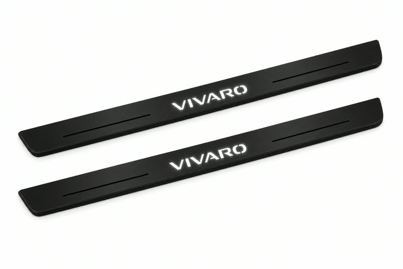 Catalogue illustration of two front black Matte PRO LED door sill plates with illuminated Vivaro lettering for Opel Vivaro Van X82; dimensions are selected during manufacture.