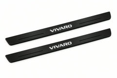 Catalogue illustration of two front black Matte PRO LED door sill plates with illuminated Vivaro lettering for Opel Vivaro Van X83; dimensions are selected during manufacture.