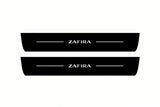 Catalogue illustration of two front black Matte PRO LED door sill plates with illuminated Zafira lettering for Opel Zafira MPV P12; dimensions are selected during manufacture.