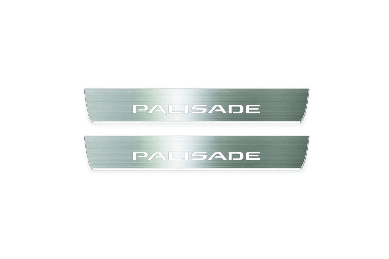 Hyundai Palisade LX2 2020+ LED door sill plates in stainless steel with Palisade logo