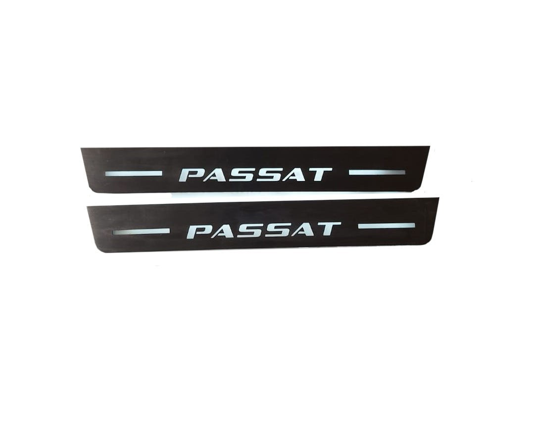 Volkswagen Passat B8 2015+ illuminated entry guards in stainless steel with Passat logo