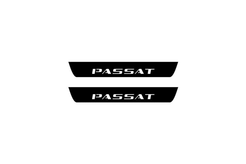 illuminated door sill protectors matte black coated stainless steel Volkswagen Passat B8 2015+ with Passat logo