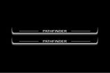 Two long door sill plates with Pathfinder lettering and edges illuminated in white, straight-on view on a dark background.