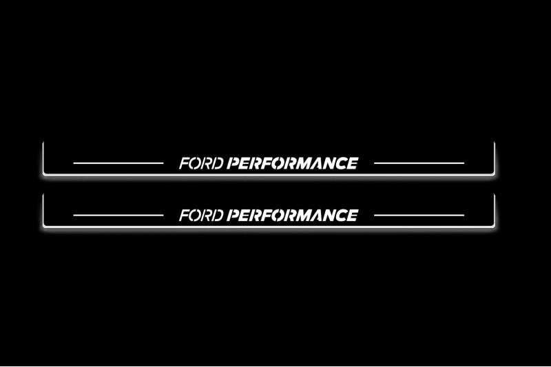 Ford Mustang V S197 2005+ LED door sill plates in stainless steel with Ford Performance logo