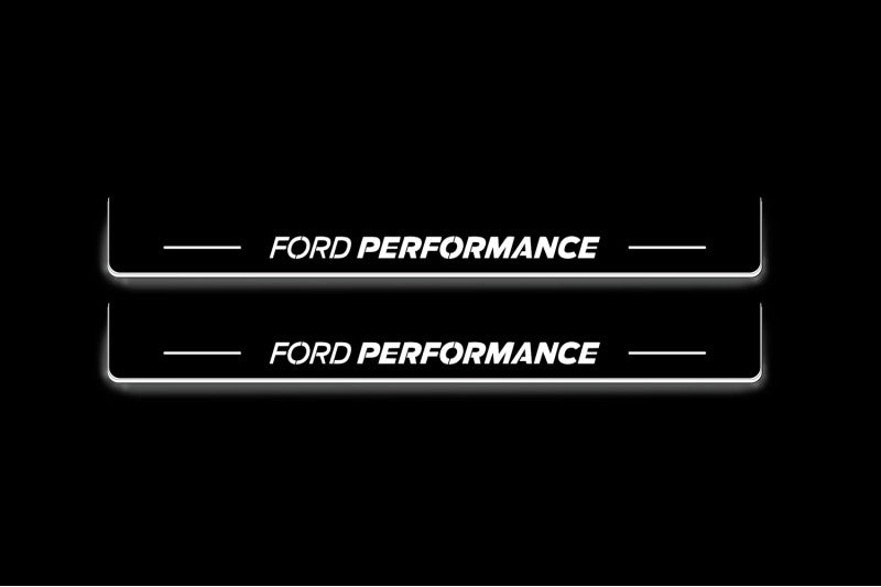 Ford Mustang VII S650 2023+ stainless steel illuminated entry guards with Ford Performance logo