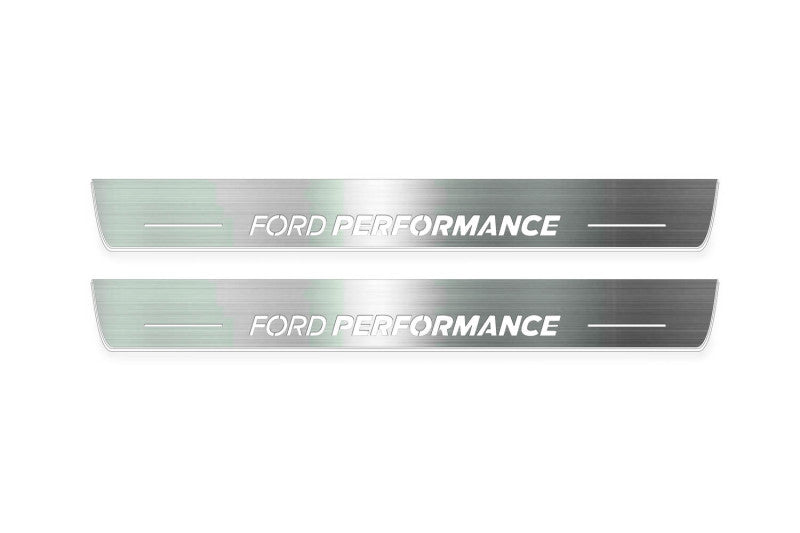 Ford Mustang VI S550 2015+ entry guards in stainless steel with Ford Performance logo