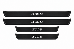 Catalogue illustration of two long black Matte PRO front sill plates and two shorter rear plates with stylized 3008 lettering illuminated on top. Side edges unlit; vehicle-specific dimensions are not depicted. FRONT option includes front plates only.
