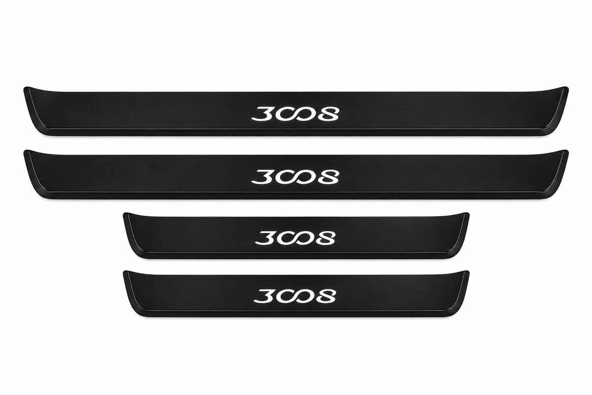 Shared catalogue demonstration of four Matte PRO plates with the 3008 connected-zero lettering illuminated on top. Two long front and two shorter rear plates; unlit side edges. This does not assert identical T84 and P84 physical dimensions. FRONT option includes only front plates.