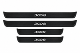 Shared catalogue demonstration of four Matte PRO plates with the 3008 connected-zero lettering illuminated on top. Two long front and two shorter rear plates; unlit side edges. This does not assert identical T84 and P84 physical dimensions. FRONT option includes only front plates.