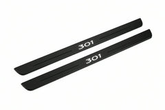 Catalogue illustration of two front black Matte PRO LED door sill plates with illuminated 301 lettering for Peugeot 301; dimensions are selected during manufacture.