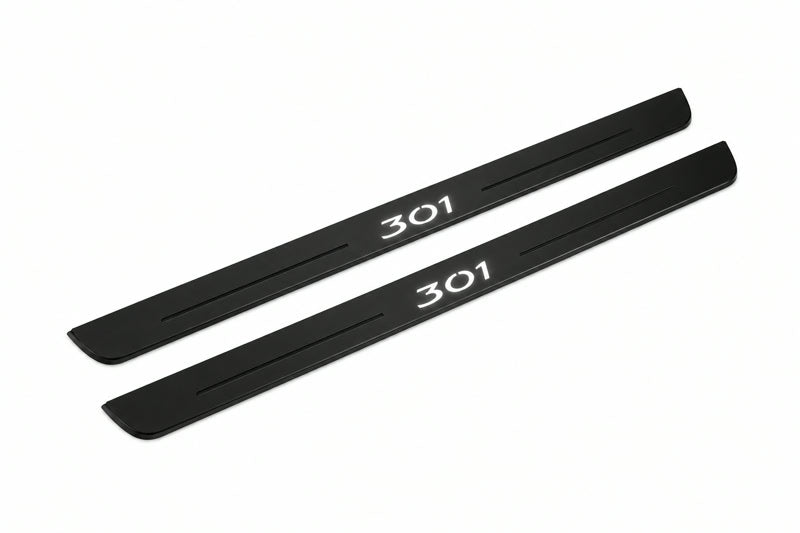 Catalogue illustration of two front black Matte PRO LED door sill plates with illuminated 301 lettering for Peugeot 301; dimensions are selected during manufacture.