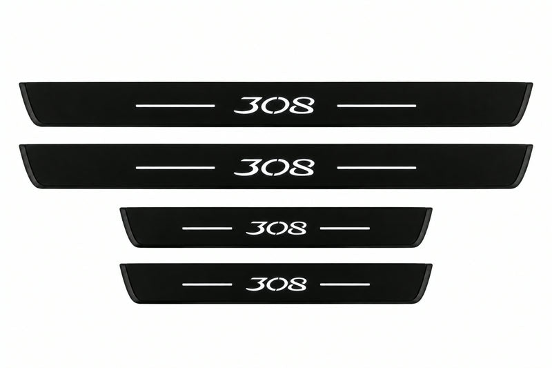 Catalog illustration of two front and two rear black Matte PRO LED door sill plates with illuminated 308 lettering for Peugeot 308 II T9.