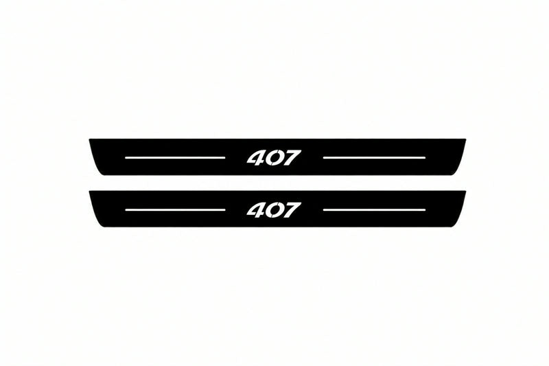 Catalogue illustration of two front black Matte PRO LED door sill plates with illuminated 407 lettering for Peugeot 407; dimensions are selected during manufacture.