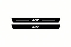 Catalogue illustration of two front black Matte PRO LED door sill plates with illuminated 407 lettering for Peugeot 407; dimensions are selected during manufacture.