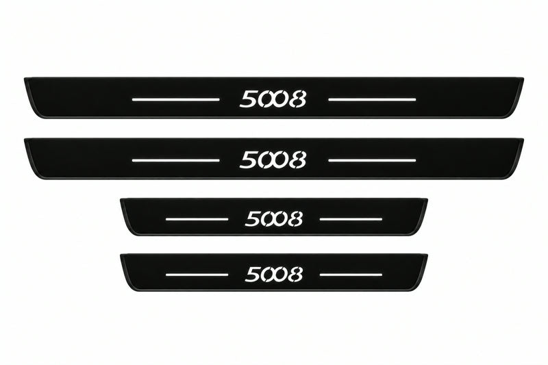Catalog illustration of two front and two rear black Matte PRO LED door sill plates with illuminated 5008 lettering for Peugeot 5008 I.