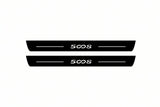 Catalogue illustration of two front black Matte PRO LED door sill plates with illuminated 5008 lettering for Peugeot 5008 II; dimensions are selected during manufacture.