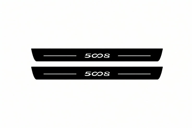 Catalogue illustration of two front black Matte PRO LED door sill plates with illuminated 5008 lettering for Peugeot 5008 II; dimensions are selected during manufacture.