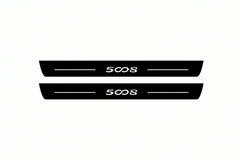 Catalogue illustration of two front black Matte PRO LED door sill plates with illuminated 5008 lettering for Peugeot 5008 II; dimensions are selected during manufacture.