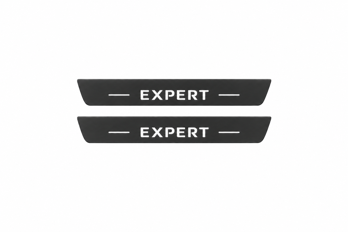 Peugeot Expert III K0 Matte PRO catalogue illustration: two flat black FRONT plates with illuminated Expert lettering on white; not exact dimensions