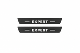 Peugeot Expert III K0 Matte PRO catalogue illustration: two flat black FRONT plates with illuminated Expert lettering on white; not exact dimensions