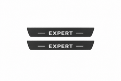 Peugeot Expert III K0 Matte PRO catalogue illustration: two flat black FRONT plates with illuminated Expert lettering on white; not exact dimensions