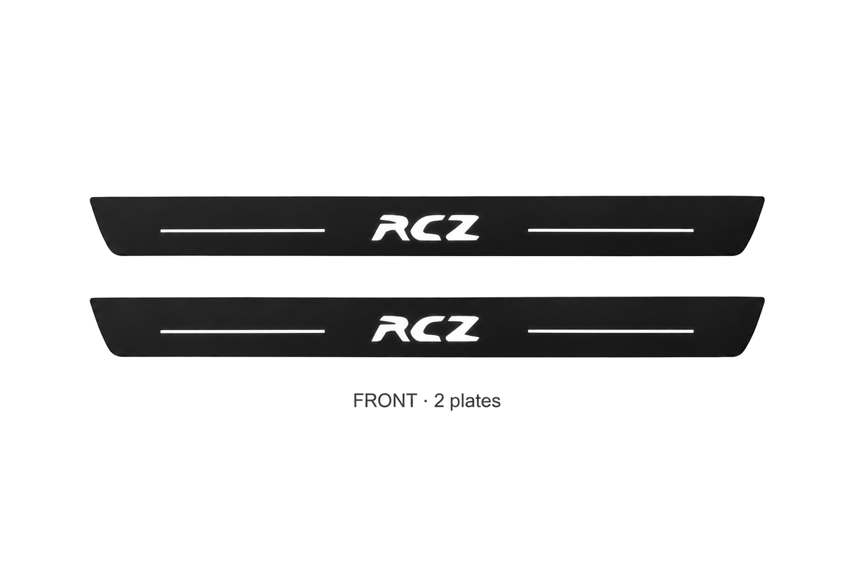 Catalogue illustration: FRONT only — two black Matte PRO front plates with RCZ lettering illuminated on top. Rear plates offered in FRONT+REAR are not pictured; vehicle-specific dimensions are not depicted.