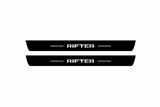 Catalogue illustration of two front black Matte PRO LED door sill plates with illuminated Rifter lettering for Peugeot Rifter; dimensions are selected during manufacture.
