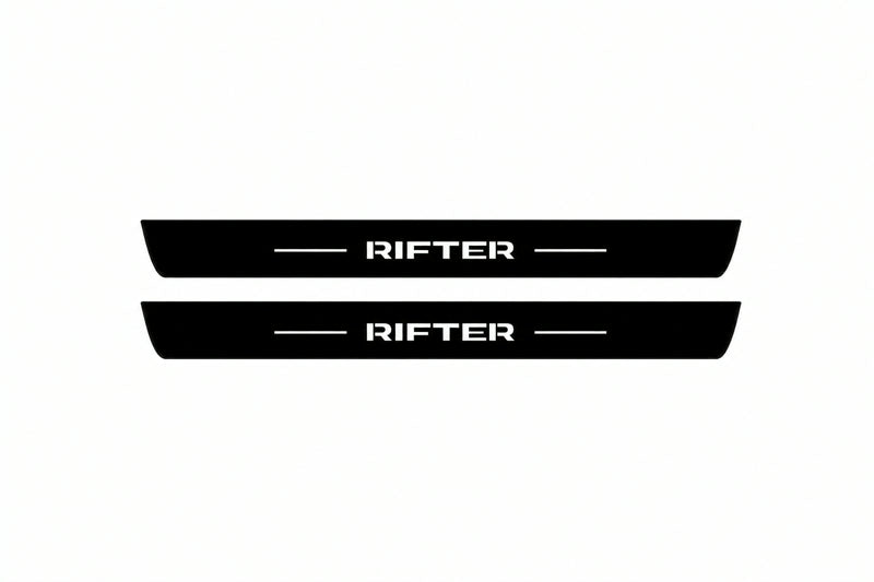 Catalogue illustration of two front black Matte PRO LED door sill plates with illuminated Rifter lettering for Peugeot Rifter; dimensions are selected during manufacture.