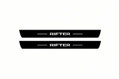 Catalogue illustration of two front black Matte PRO LED door sill plates with illuminated Rifter lettering for Peugeot Rifter; dimensions are selected during manufacture.