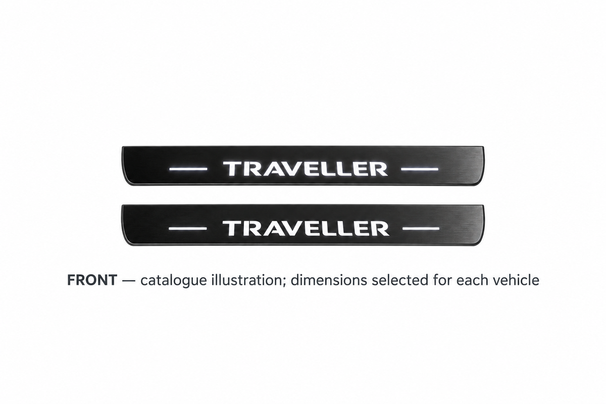 Peugeot Traveller Matte PRO catalogue illustration: two flat black FRONT plates with illuminated Traveller lettering on white; not exact dimensions