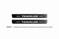 Peugeot Traveller Matte PRO catalogue illustration: two flat black FRONT plates with illuminated Traveller lettering on white; not exact dimensions