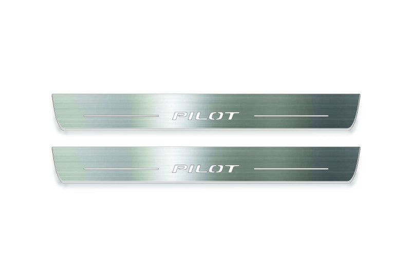 LED door sill plates Honda Pilot III 2016+ in stainless steel with Pilot logo