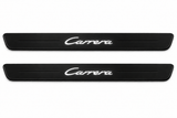 Catalogue illustration of two black Matte PRO front sill plates with illuminated cursive Carrera lettering on top. Side edges remain unlit; no rear plates or exact dimensions pictured.