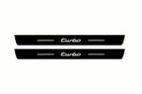 Catalogue illustration of two front black Matte PRO LED door sill plates with illuminated Turbo lettering for Porsche Cayenne 92A; dimensions are selected during manufacture.