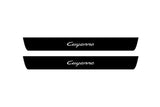 Catalog illustration of two black front door sill plates with Cayenne lettering.
