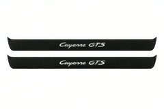 Catalogue illustration of two front black Matte PRO LED door sill plates with illuminated Cayenne GTS lettering for Porsche Cayenne Coupe E3; dimensions are selected during manufacture.