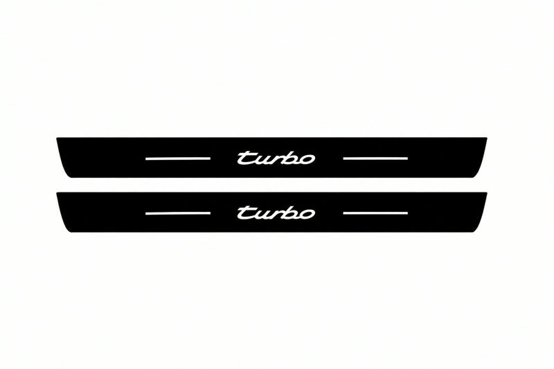 Catalogue illustration of two front black Matte PRO LED door sill plates with illuminated Turbo lettering for Porsche Cayenne Coupe E3; dimensions are selected during manufacture.