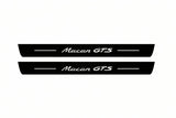 Catalogue illustration of two front black Matte PRO LED door sill plates with illuminated Macan GTS lettering for Porsche Macan 95B; dimensions are selected during manufacture.