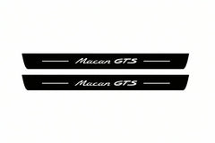 Catalogue illustration of two front black Matte PRO LED door sill plates with illuminated Macan GTS lettering for Porsche Macan 95B; dimensions are selected during manufacture.