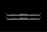 Two long door sill plates with Primastar lettering and edges illuminated in white, straight-on view on a dark background.