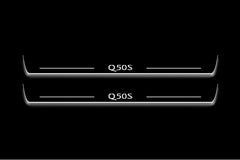 Two long door sill plates with Q50S lettering and edges illuminated in white, straight-on view on a dark background.