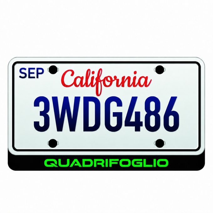 QUADRIFOGLIO illuminated LED license plate badge below a California-style 12 by 6 inch example plate; plate not included