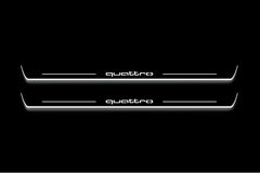 Two long door sill plates with quattro lettering and edges illuminated in white, straight-on view on a dark background.