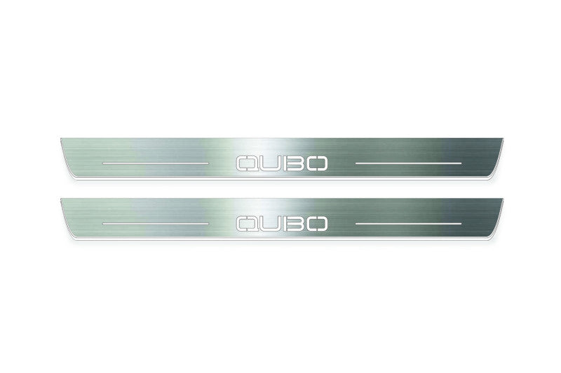 Fiat Qubo 2008+ LED door sill plates in stainless steel with Qubo logo
